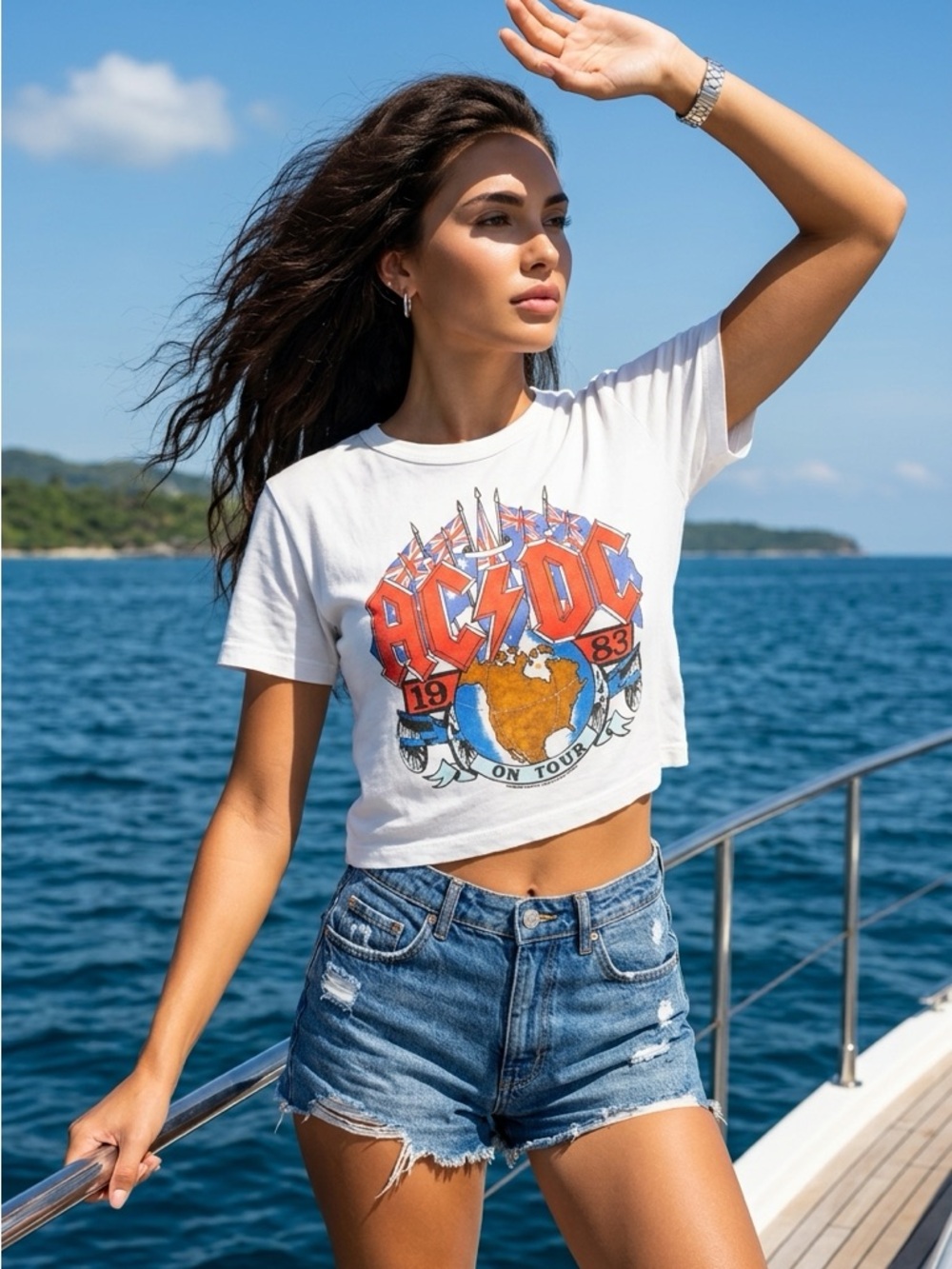 Junk Food Clothing White AC/DC Graphic Crop Top with Red & Blue Print